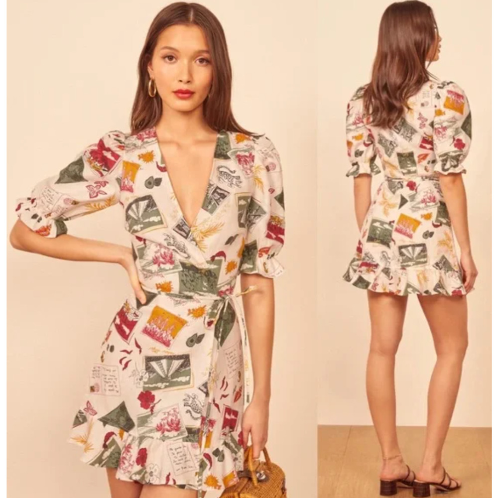 Reformation Carmelo Linen Wrap‎ Mini Dress in Vacaciones Novelty Print